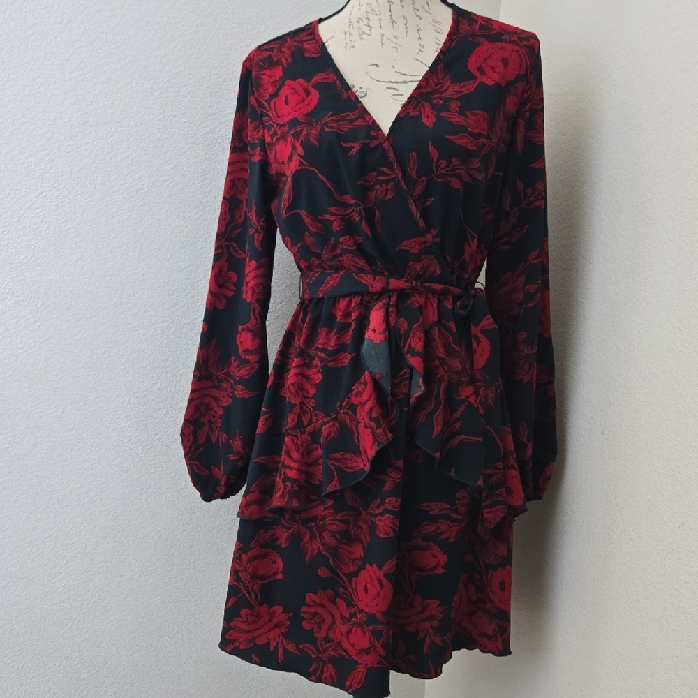 Elegant Red Floral Wrap Dress